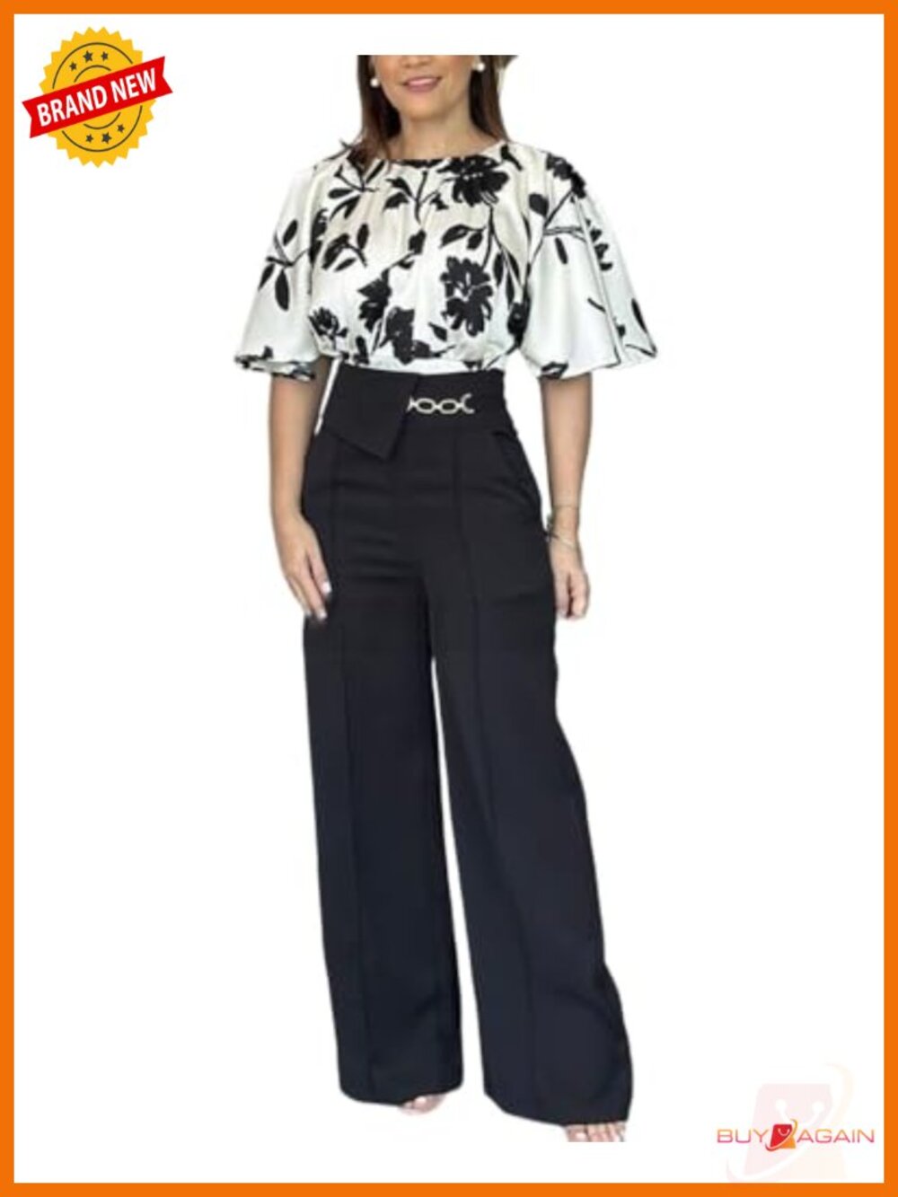 Women's Satin Floral 2 Piece Outfit Bell Sleeve Blouse & High Waist Wide Leg